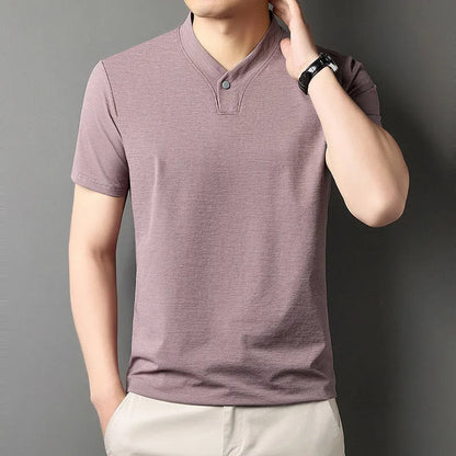 Men's short sleeve t-shirt with front zipper high-collar in polyester blend fabric