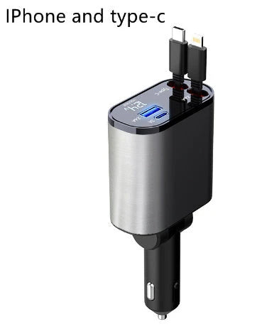 High-Speed 100W Car Charger with USB and Type-C Ports - Premium Metal Design, Fast Charging, Retractable Cable
