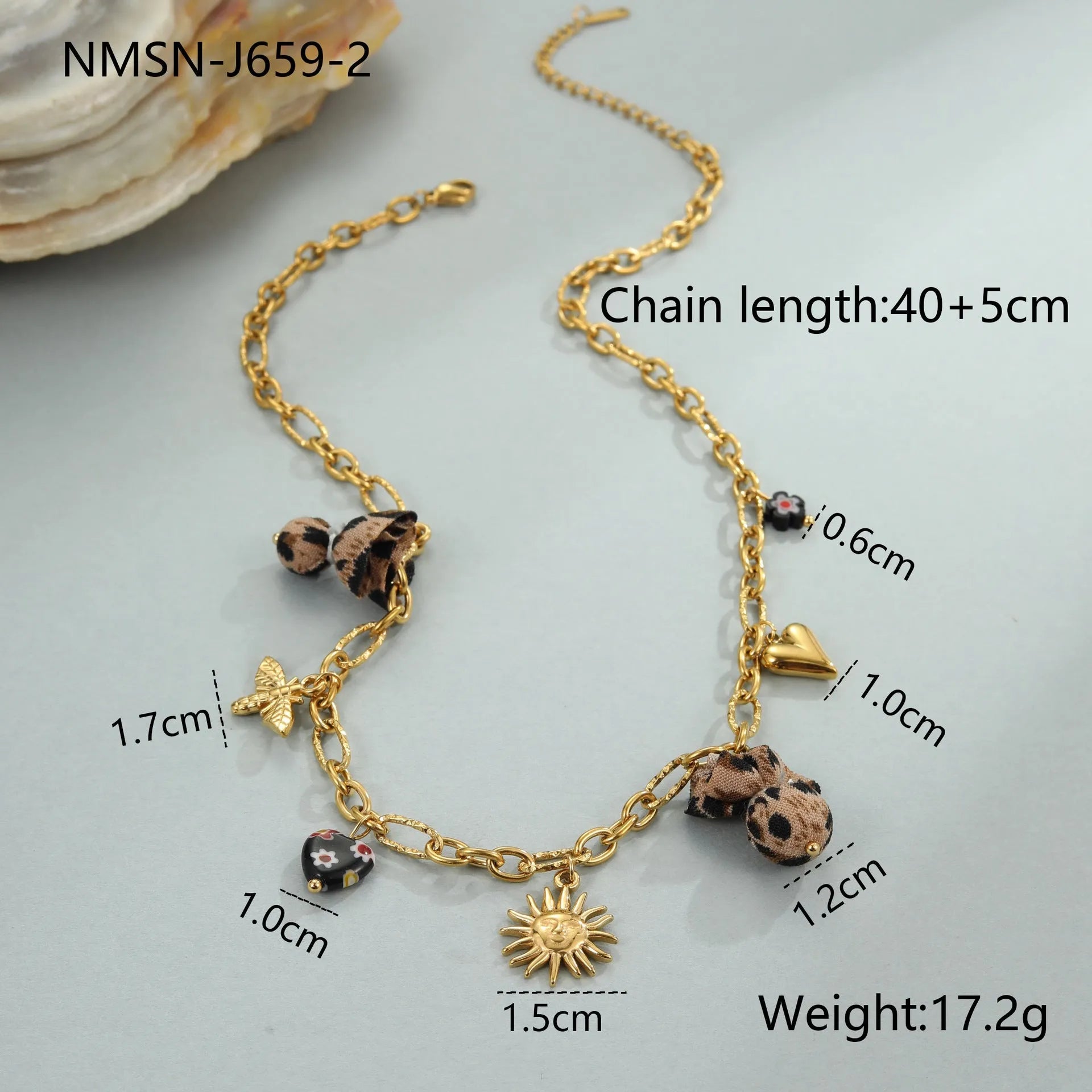 Women's adjustable stainless steel necklace with geometric leopard pendant featuring heart and flower decorative elements