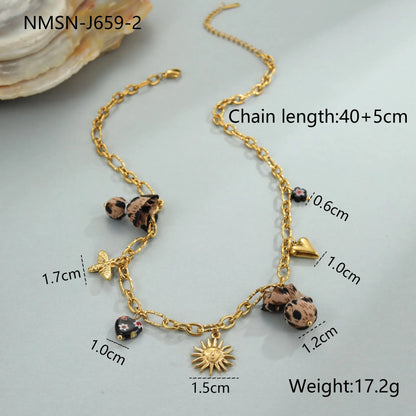 Women's adjustable stainless steel necklace with geometric leopard pendant featuring heart and flower decorative elements