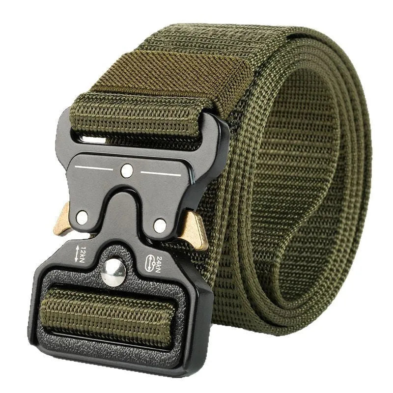 Men's thick canvas tactical belt with an alloy release buckle, shown in multiple colour options.
