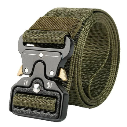 Men's thick canvas tactical belt with an alloy release buckle, shown in multiple colour options.