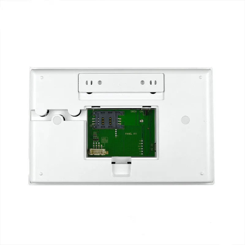 Intelligent WiFi GSM burglar alarm host unit with wireless touch button and antenna for home security.
