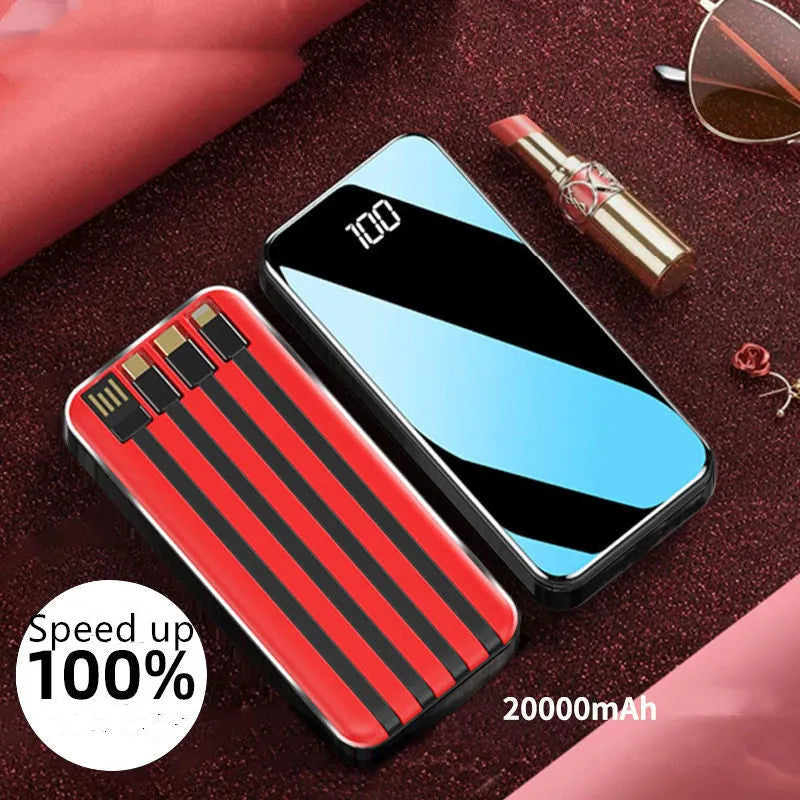 Portable power bank with digital display showing battery percentage and multiple charging ports