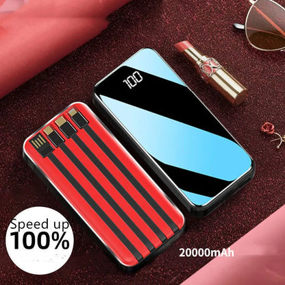 Portable power bank with digital display showing battery percentage and multiple charging ports