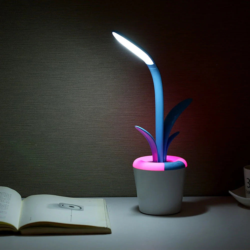 A stylish, plant-inspired LED desk lamp with three brightness levels and a rechargeable battery for cordless convenience
