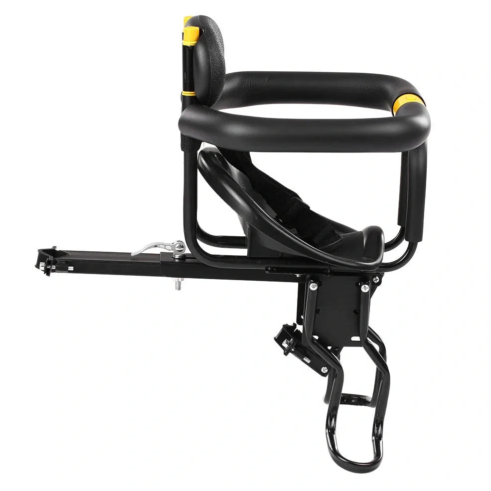Black front bicycle child seat with 20kg capacity, foldable pedals, and aluminum frame mounted on bike seatpost