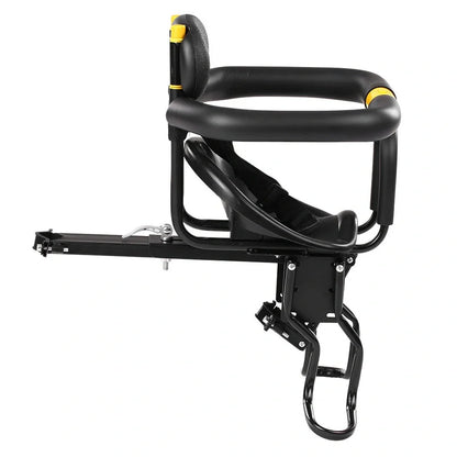 Black front bicycle child seat with 20kg capacity, foldable pedals, and aluminum frame mounted on bike seatpost