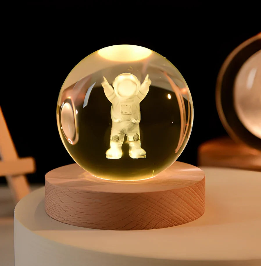 Luminous Galaxy Crystal Ball with 3D laser inner carving showing celestial patterns and gradient lighting