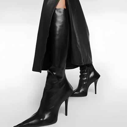 Black women's knee-length stiletto heel boots with pointed toe and side zipper, artificial PU upper, rubber sole