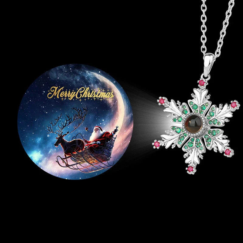 Shimmering copper snowflake necklace with projection design, creating a mesmerizing holiday accessory