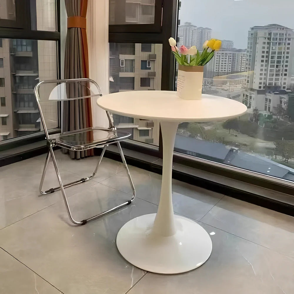 Scandinavian style conference table with folding chairs in white finish, 60cm diameter
