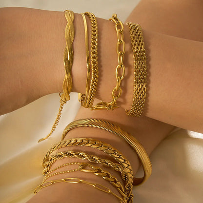 Elegant stainless steel bracelet with a sleek geometric design, gold-plated finish, and unisex style suitable for any occasion.