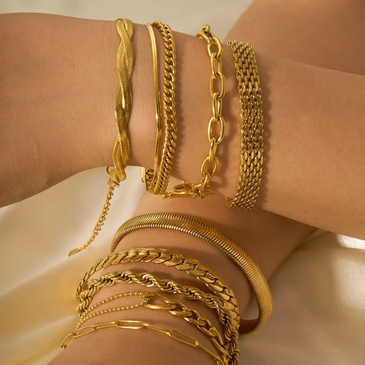 Elegant stainless steel bracelet with a sleek geometric design, gold-plated finish, and unisex style suitable for any occasion.