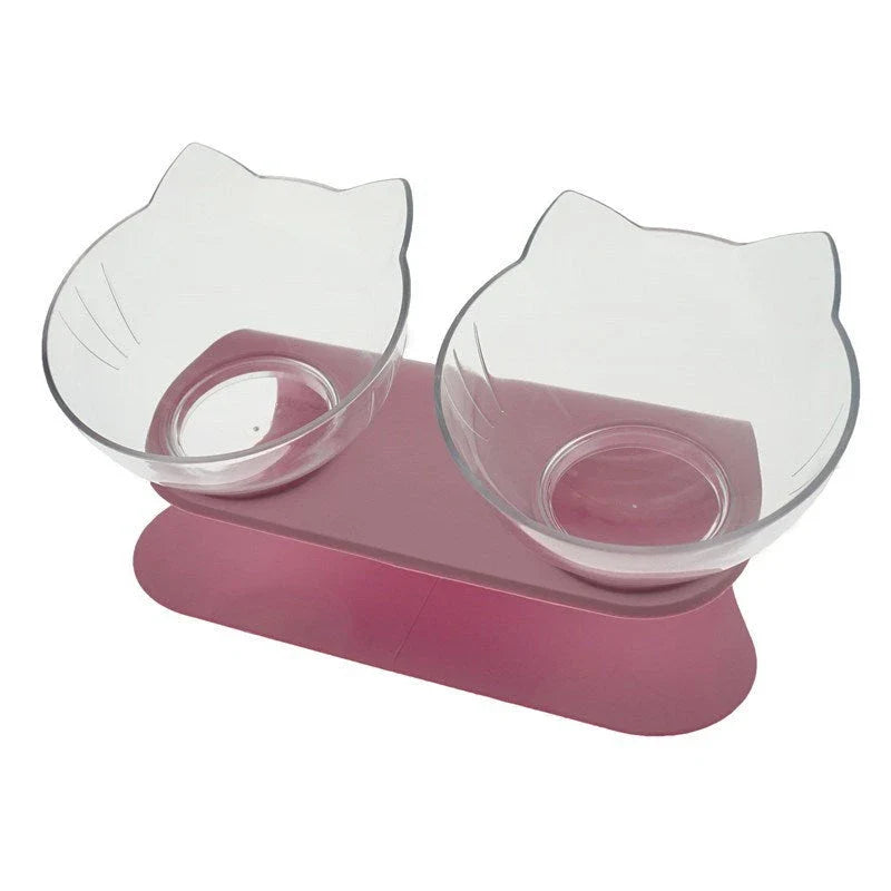 Tilted cat and dog bowls with raised stand, designed to reduce neck strain and protect cervical vertebrae.