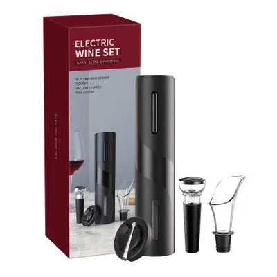 Black electric wine opener with transparent cover and aluminum foil cutter on wooden table
