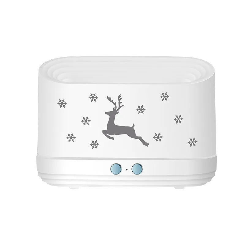 White round Elk flame effect humidifier and essential oil diffuser on a surface with mist and light on.