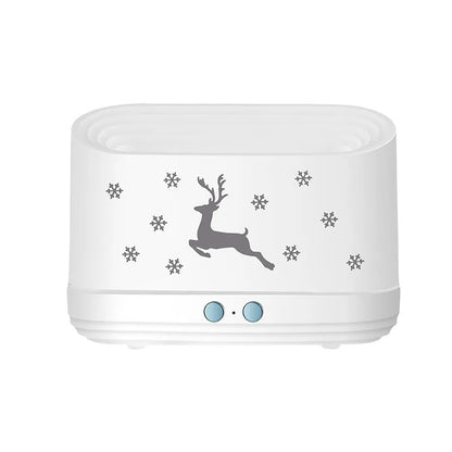 White round Elk flame effect humidifier and essential oil diffuser on a surface with mist and light on.