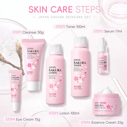 Cherry Blossom Skin Care Set with six facial care products including cleanser, toner, cream, and treatments