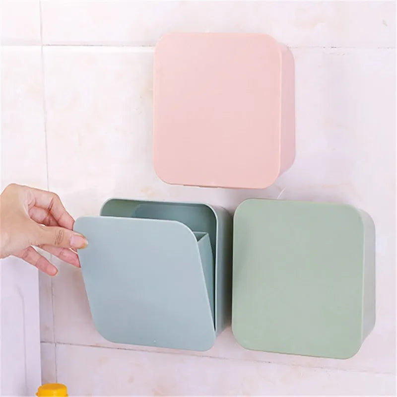 Wall-mounted PP storage box with non-marking stickers in Nordic blue, green, or pink.