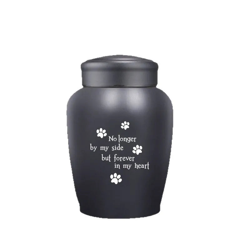 Stainless steel funerary urn with hand-painted Chinese design, large 2500ml capacity.