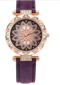 Women's diamond decorative watch with round dial showing red colour option and pin buckle clasp