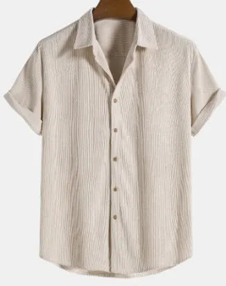 Men's casual short-sleeved cardigan shirt in polyester fabric showing colour options and relaxed fit