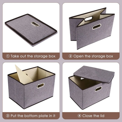 Large folding storage box set in grey, made from cotton linen and non-woven fabric