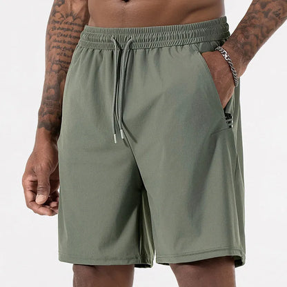 Men's black Ice Silk quick-drying sports shorts with high waist and drawstring.