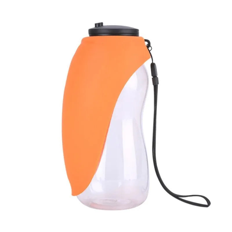 Blue portable pet water bottle with drinking bowl for dogs, showing 680ml capacity and hanging attachment