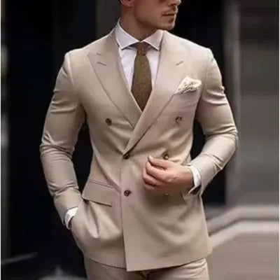 Man wearing a grey Korean-style slim fit two-piece suit with a structured jacket.