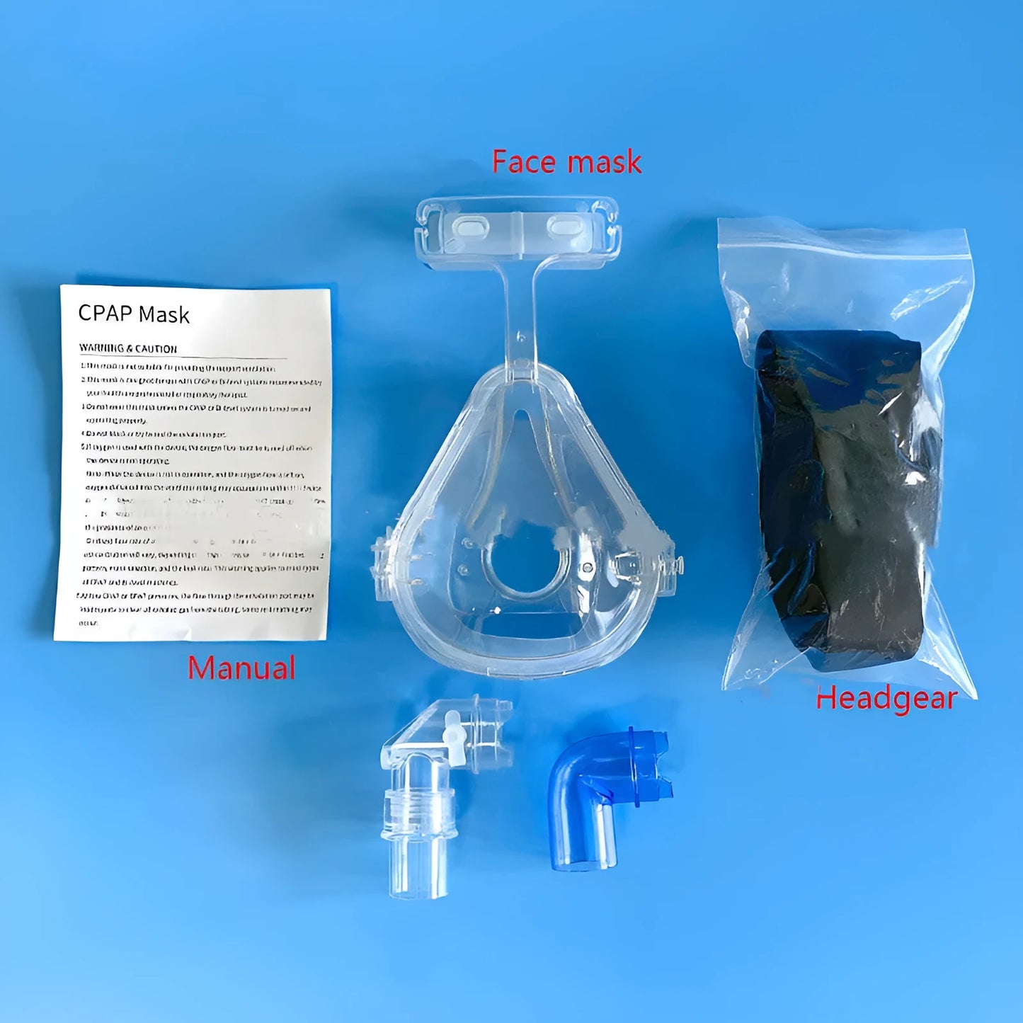 Transparent CPAP breathing mask with silicone construction and PC adapter elbows