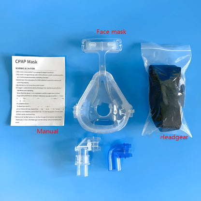 Transparent CPAP breathing mask with silicone construction and PC adapter elbows