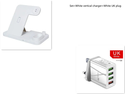 4-in-1 wireless charging station with adjustable magnetic stand charging phone, watch, earbuds, and stylus on a desk