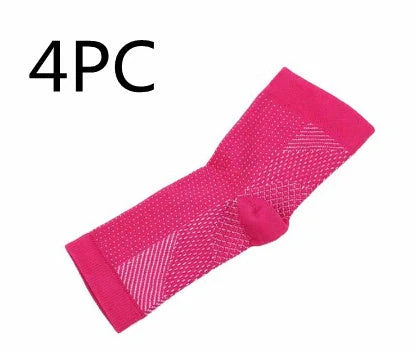 Anti-fatigue compression foot sleeve in black, red, or white, featuring moisture-wicking fabric and a heel hole for breathability.
