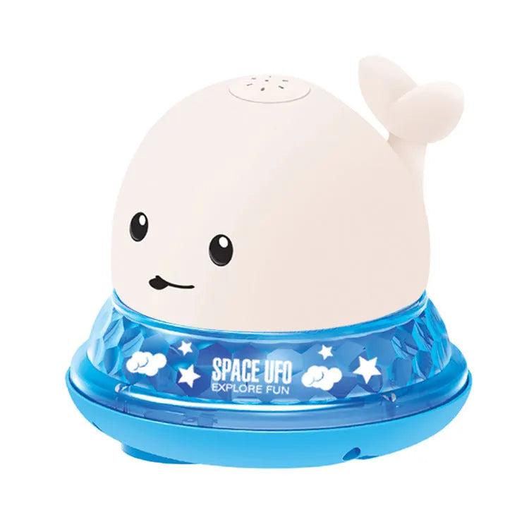 Grey or white electric whale bath toy spraying water with LED lights on a base.