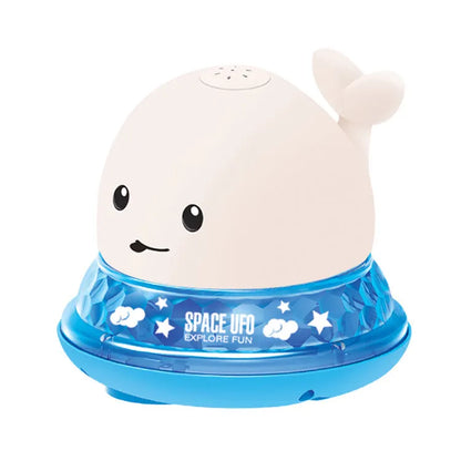 Grey or white electric whale bath toy spraying water with LED lights on a base.