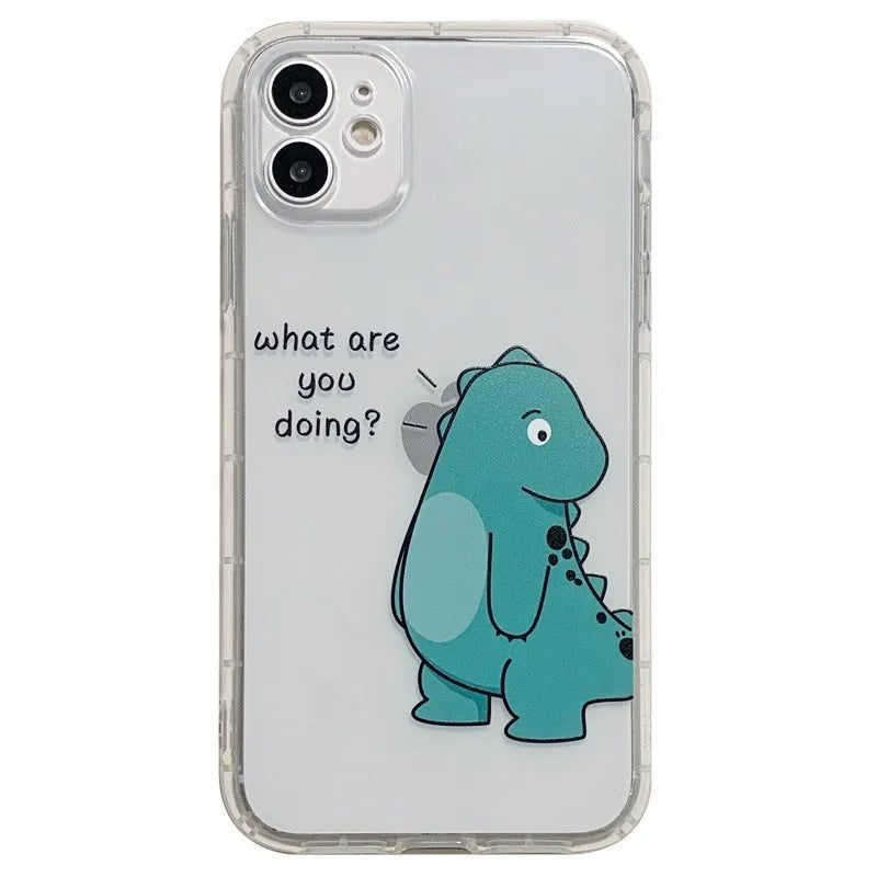 Transparent silicone and TPU iPhone case with airbag protection featuring a cute green dinosaur design.