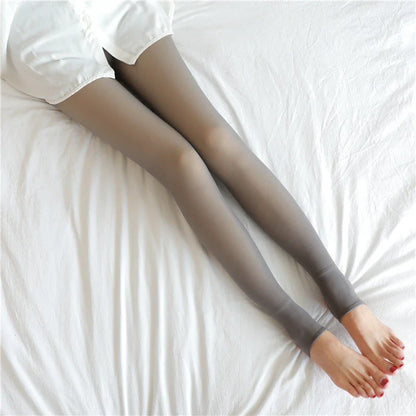 Cozy fleece-lined tights in various colors, featuring a unique translucent design and high-waisted fit for warmth and style.