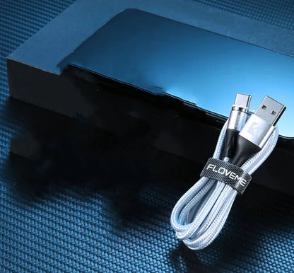 Black magnetic fast charge cable with LED light and three interchangeable tips for iPhone, Android, and Type-C connectors