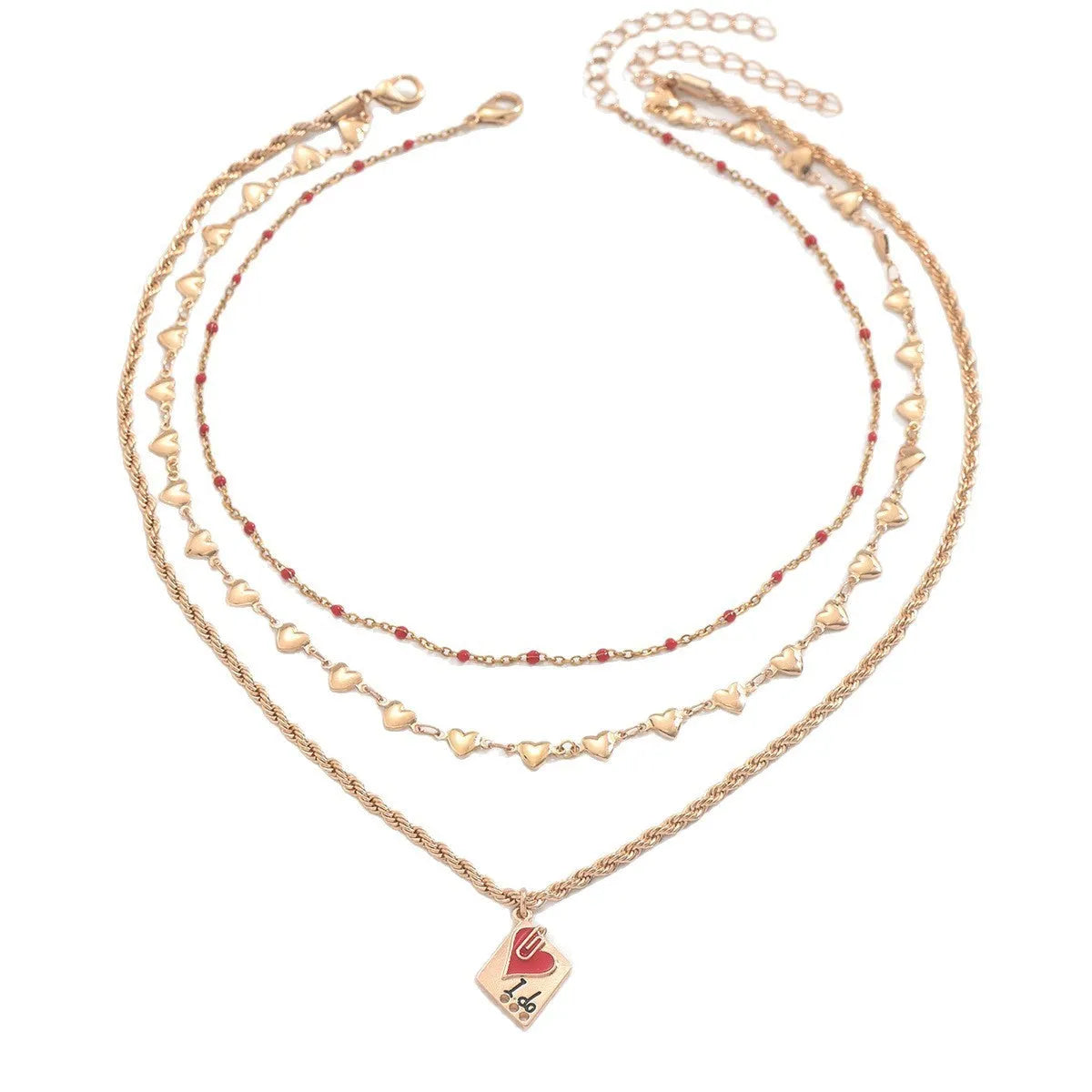 Three-layer geometric clavicle chain necklace with heart pendant on adjustable zinc alloy chain