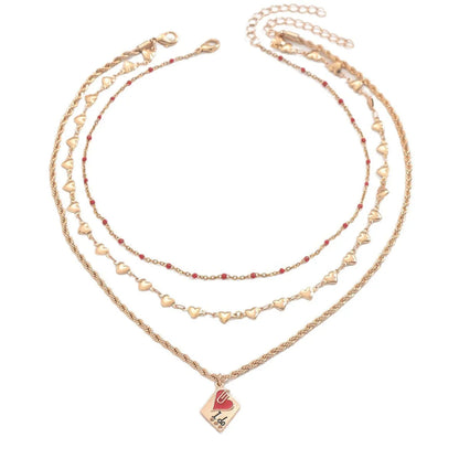 Three-layer geometric clavicle chain necklace with heart pendant on adjustable zinc alloy chain