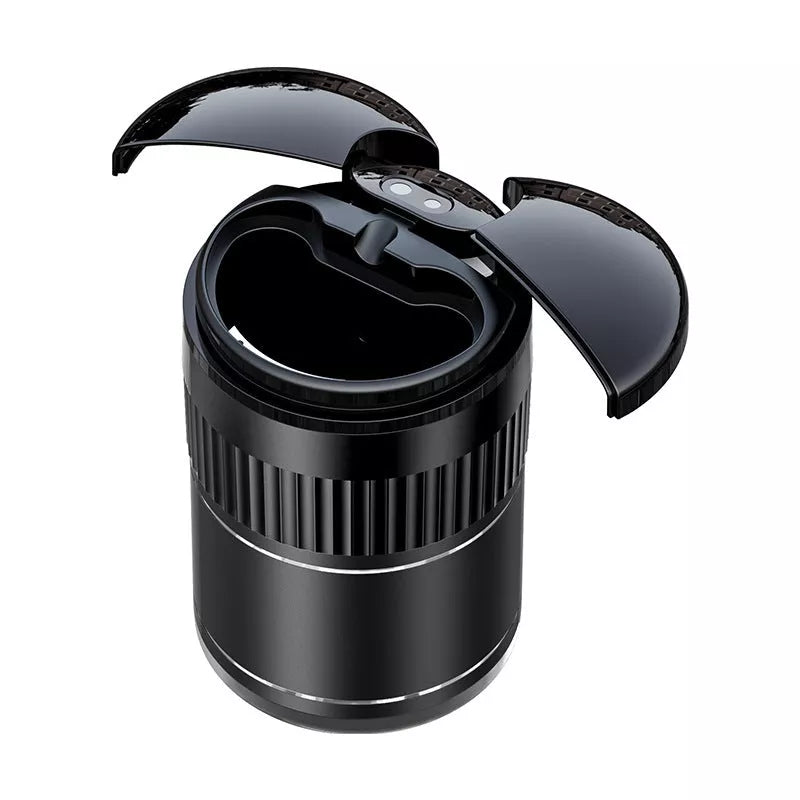 Smart car ashtray with lid and USB Type-C charging port in black, red, silver, brown, and green
