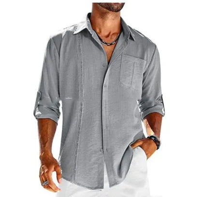 Men's solid colour long sleeve cotton blend shirt with polo collar and lace-trimmed chest pocket