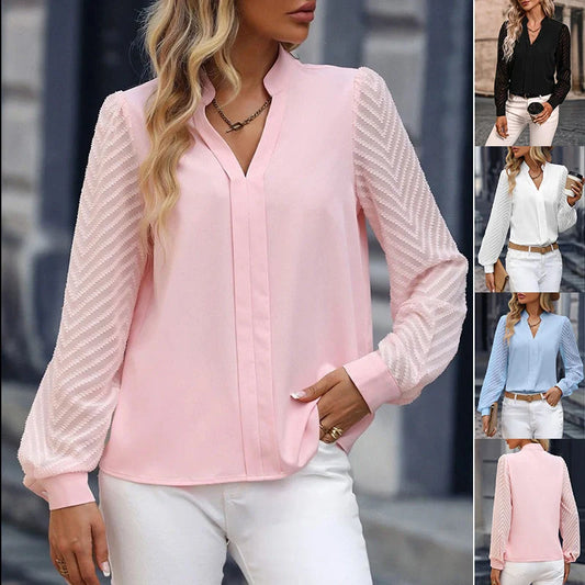 Elegant V-neck chiffon blouse with lace trim, available in a range of contemporary colours for the modern woman's wardrobe.