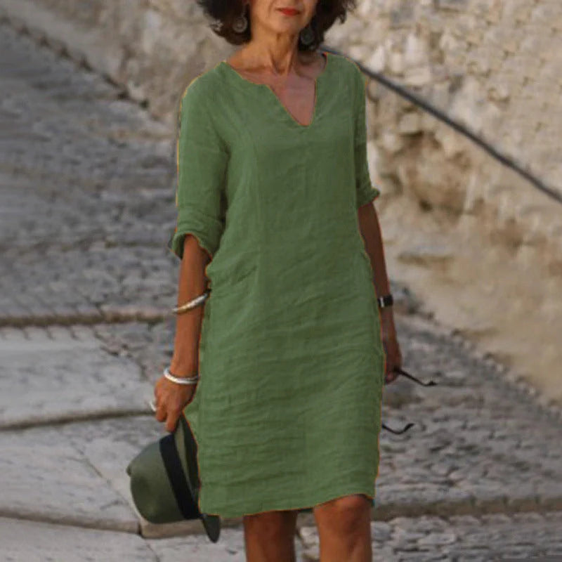 Retro cotton and linen V-neck dress with high waist and summer stitching in various colours