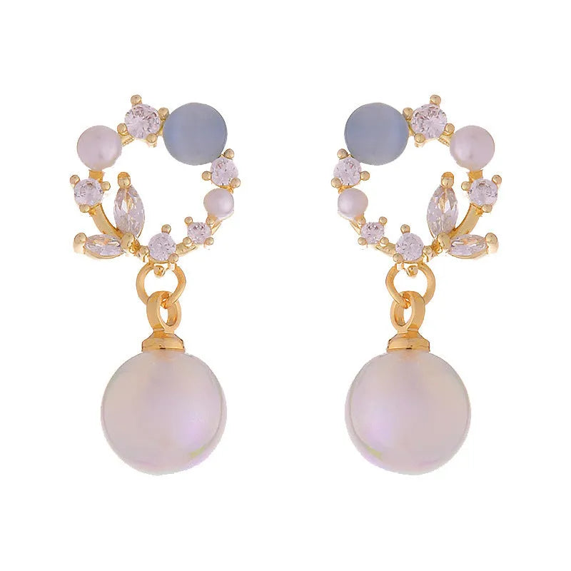 Blue opal fairy fish pearl stud earrings with rhinestone and 925 silver needle, 2.4 cm geometric studs