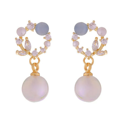 Blue opal fairy fish pearl stud earrings with rhinestone and 925 silver needle, 2.4 cm geometric studs