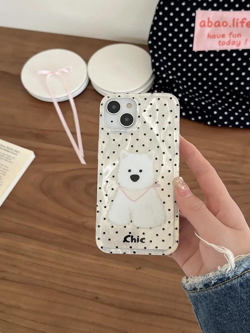 Polka dot West Highland dog TPU phone case in white feather yarn finish for Apple iPhone