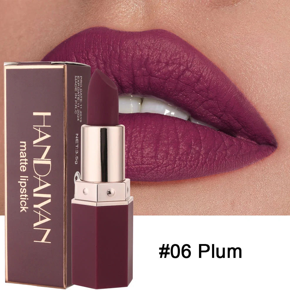 HANDAIYAN matte nourishing lipstick in six colours showing 3.5cm length and 1.2cm diameter bullet